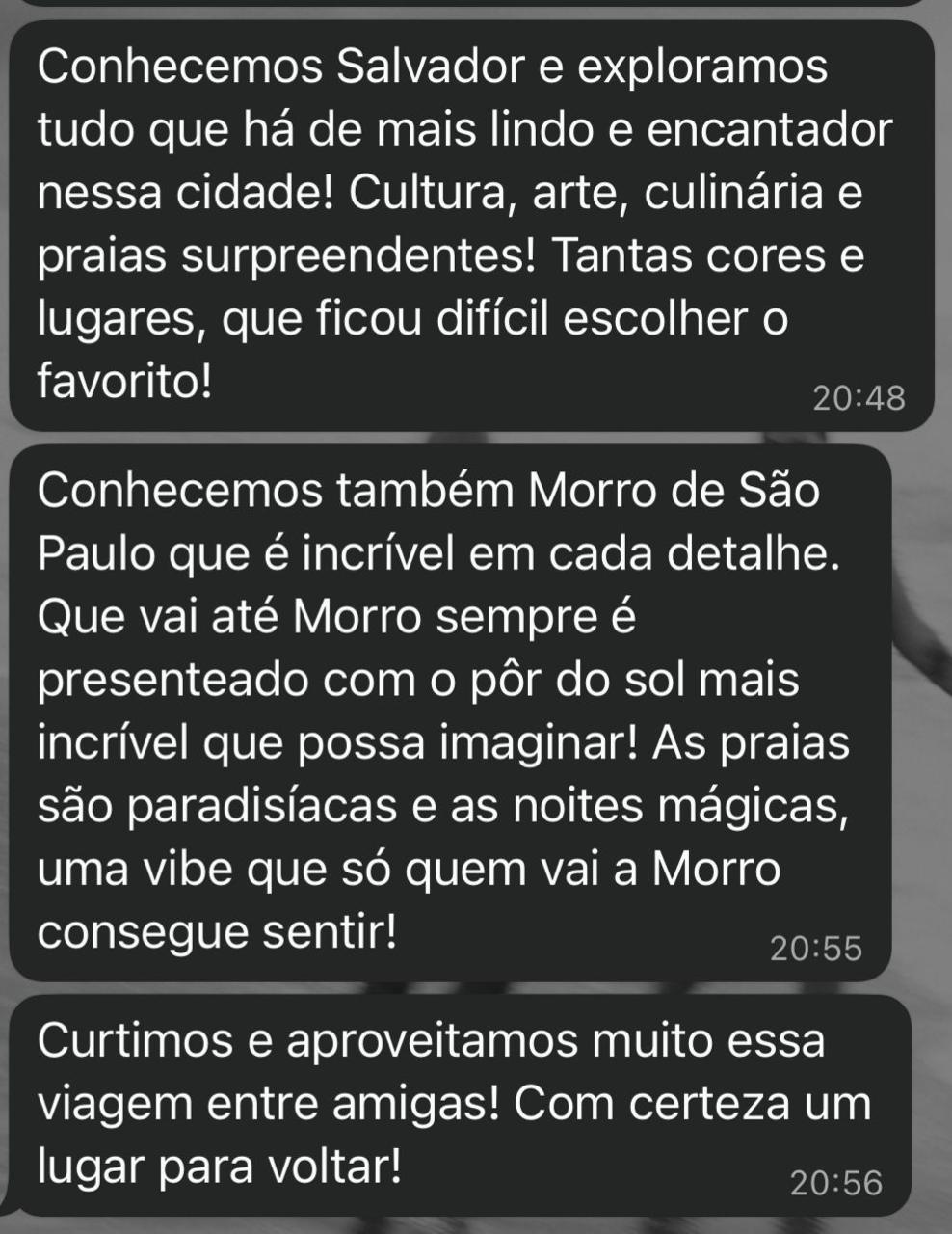 Feedback de cliente da Cocriar sobre a viagem